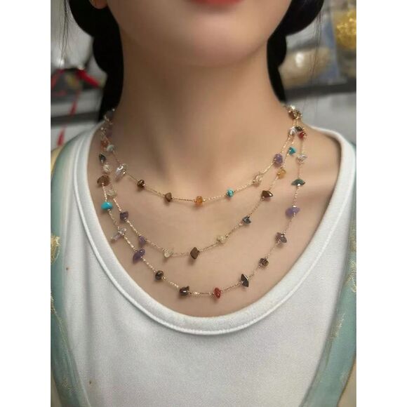 Triple Layer Multi Color Natural Jade Stone Necklace Gold Crystal Choker Collar - Picture 1 of 3